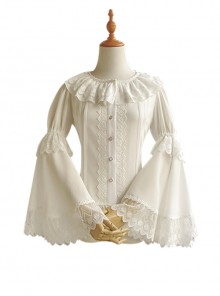 Pure Color Ruffle Collar Embroidered Lace Trim Slim Fit Flared Long Sleeve Classic Lolita Shirt