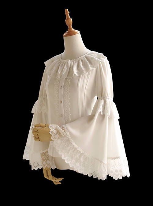 Pure Color Ruffle Collar Embroidered Lace Trim Slim Fit Flared Long Sleeve Classic Lolita Shirt