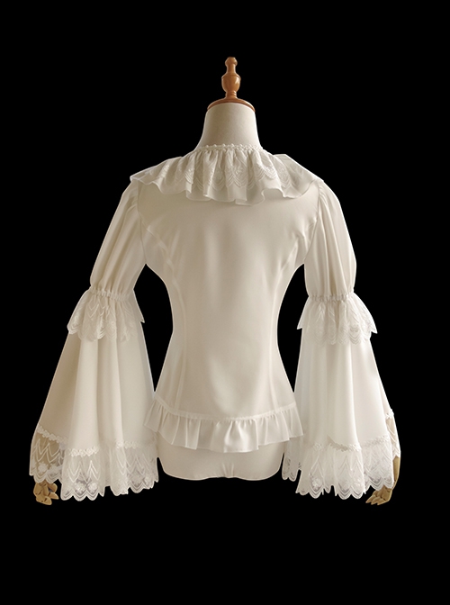 Pure Color Ruffle Collar Embroidered Lace Trim Slim Fit Flared Long Sleeve Classic Lolita Shirt