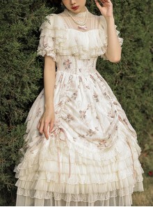 Heidi Series Stand Collar Puff Sleeve Appliqué Embroidery Delicate Print Lace Classic Lolita Dress