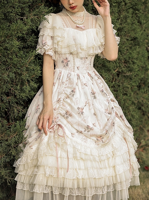 Heidi Series Stand Collar Puff Sleeve Appliqué Embroidery Delicate Print Lace Classic Lolita Dress