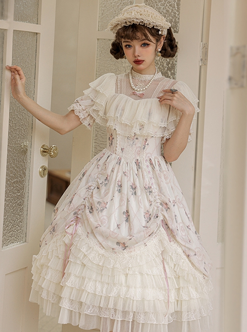 Heidi Series Stand Collar Puff Sleeve Appliqué Embroidery Delicate Print Lace Classic Lolita Dress