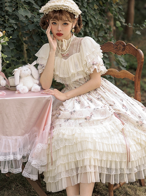 Heidi Series Stand Collar Puff Sleeve Appliqué Embroidery Delicate Print Lace Classic Lolita Dress