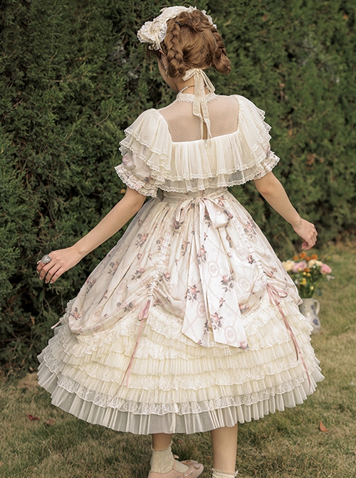 Heidi Series Stand Collar Puff Sleeve Appliqué Embroidery Delicate Print Lace Classic Lolita Dress