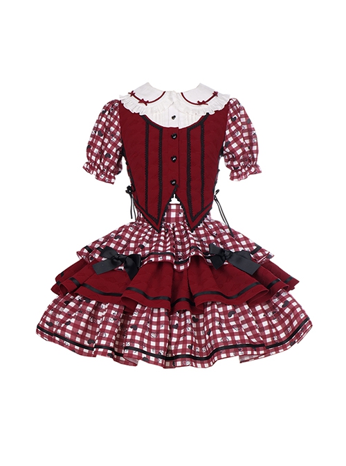 Doll Collar Red Bowknot Decoration Splicing Contrast Color Love Print False Three-Piece Design Sweet Lolita Top Skirt Set