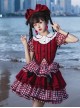 Doll Collar Red Bowknot Decoration Splicing Contrast Color Love Print False Three-Piece Design Sweet Lolita Top Skirt Set