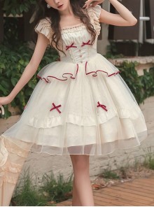 Symphonic Poetry Series Small Flying Sleeves Square Neck Waist Neck Ribbon Bowknot Decorated Mesh Ruffles Sweet Lolita Dress