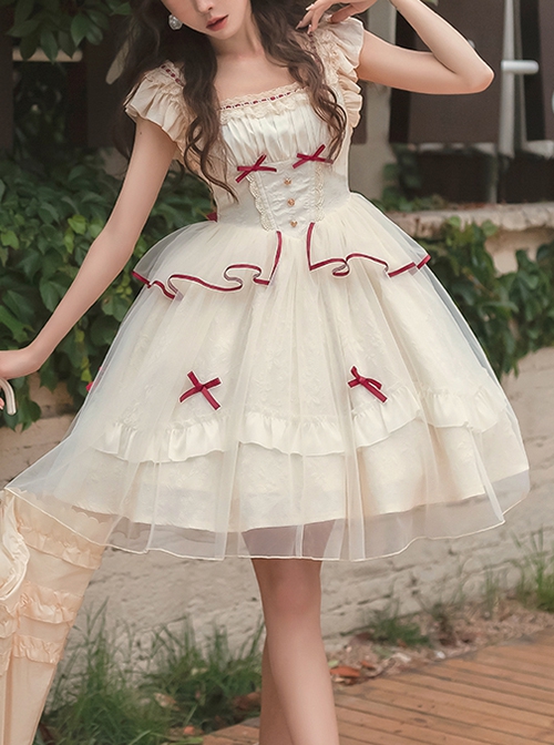 Symphonic Poetry Series Small Flying Sleeves Square Neck Waist Neck Ribbon Bowknot Decorated Mesh Ruffles Sweet Lolita Dress