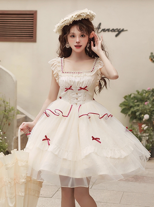 Symphonic Poetry Series Small Flying Sleeves Square Neck Waist Neck Ribbon Bowknot Decorated Mesh Ruffles Sweet Lolita Dress