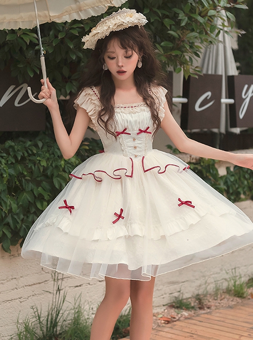 Symphonic Poetry Series Small Flying Sleeves Square Neck Waist Neck Ribbon Bowknot Decorated Mesh Ruffles Sweet Lolita Dress