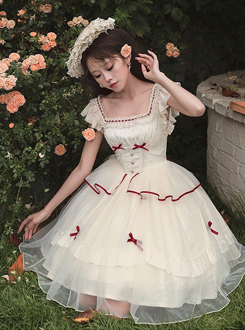 Symphonic Poetry Series Small Flying Sleeves Square Neck Waist Neck Ribbon Bowknot Decorated Mesh Ruffles Sweet Lolita Dress