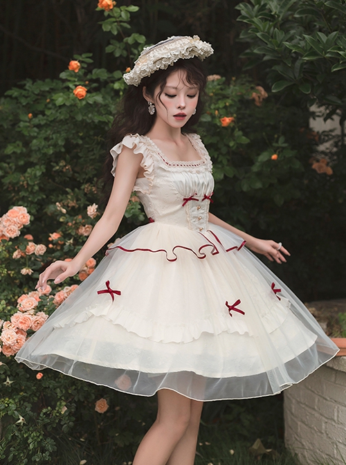 Symphonic Poetry Series Small Flying Sleeves Square Neck Waist Neck Ribbon Bowknot Decorated Mesh Ruffles Sweet Lolita Dress