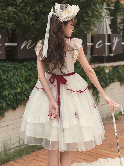 Symphonic Poetry Series Small Flying Sleeves Square Neck Waist Neck Ribbon Bowknot Decorated Mesh Ruffles Sweet Lolita Dress