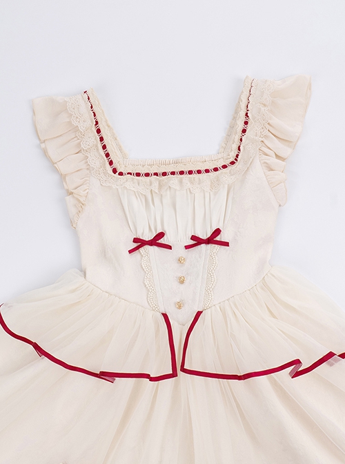 Symphonic Poetry Series Small Flying Sleeves Square Neck Waist Neck Ribbon Bowknot Decorated Mesh Ruffles Sweet Lolita Dress