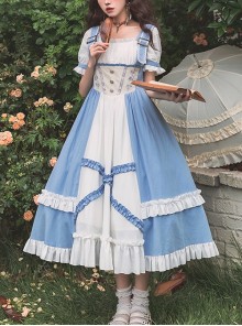 Blue White Square Neck Metal Buckle Logo False Two-Piece Chest Design Rose Embroidery Decoration Mosaic Rhombus Classic Lolita Dress