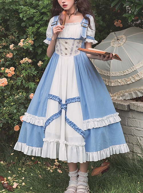 Blue White Square Neck Metal Buckle Logo False Two-Piece Chest Design Rose Embroidery Decoration Mosaic Rhombus Classic Lolita Dress