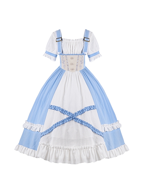 Blue White Square Neck Metal Buckle Logo False Two-Piece Chest Design Rose Embroidery Decoration Mosaic Rhombus Classic Lolita Dress