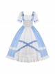 Blue White Square Neck Metal Buckle Logo False Two-Piece Chest Design Rose Embroidery Decoration Mosaic Rhombus Classic Lolita Dress