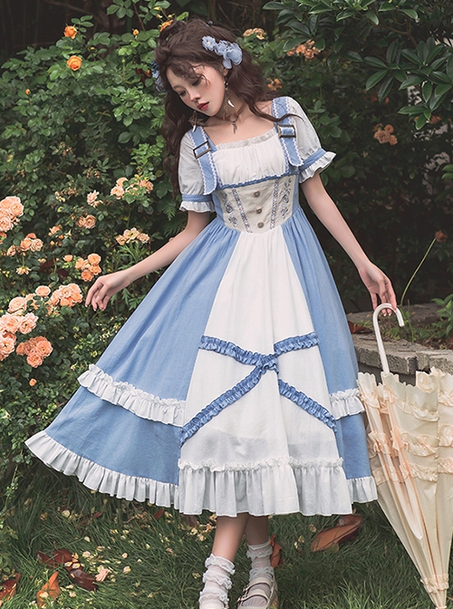 Blue White Square Neck Metal Buckle Logo False Two-Piece Chest Design Rose Embroidery Decoration Mosaic Rhombus Classic Lolita Dress