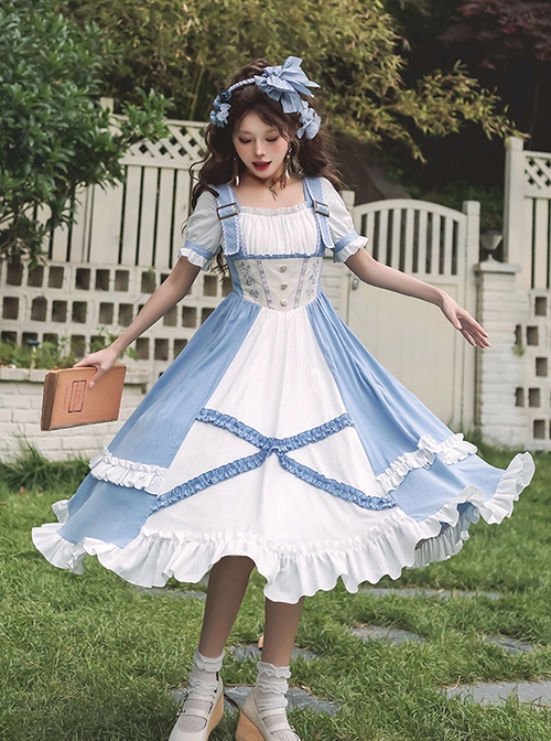 Blue White Square Neck Metal Buckle Logo False Two-Piece Chest Design Rose Embroidery Decoration Mosaic Rhombus Classic Lolita Dress