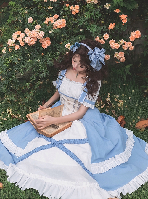 Blue White Square Neck Metal Buckle Logo False Two-Piece Chest Design Rose Embroidery Decoration Mosaic Rhombus Classic Lolita Dress