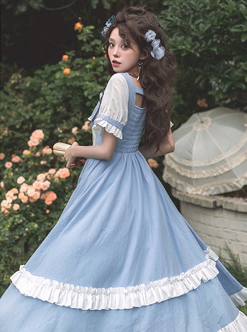 Blue White Square Neck Metal Buckle Logo False Two-Piece Chest Design Rose Embroidery Decoration Mosaic Rhombus Classic Lolita Dress