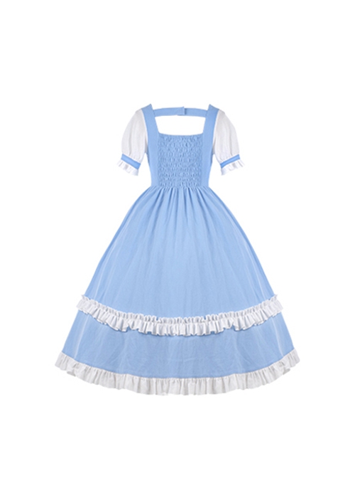 Blue White Square Neck Metal Buckle Logo False Two-Piece Chest Design Rose Embroidery Decoration Mosaic Rhombus Classic Lolita Dress