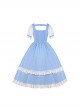 Blue White Square Neck Metal Buckle Logo False Two-Piece Chest Design Rose Embroidery Decoration Mosaic Rhombus Classic Lolita Dress