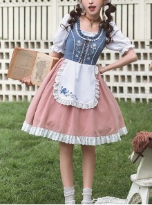 Rhine Pastoral Series Small Square Collar Blue And White Contrast Color White Rose Embroidery Stitching Lace Classic Lolita Short-Sleeved Dress