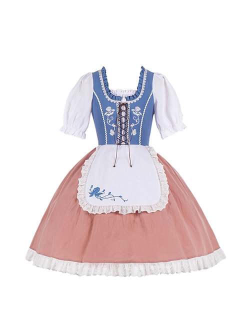 Rhine Pastoral Series Small Square Collar Blue And White Contrast Color White Rose Embroidery Stitching Lace Classic Lolita Short-Sleeved Dress
