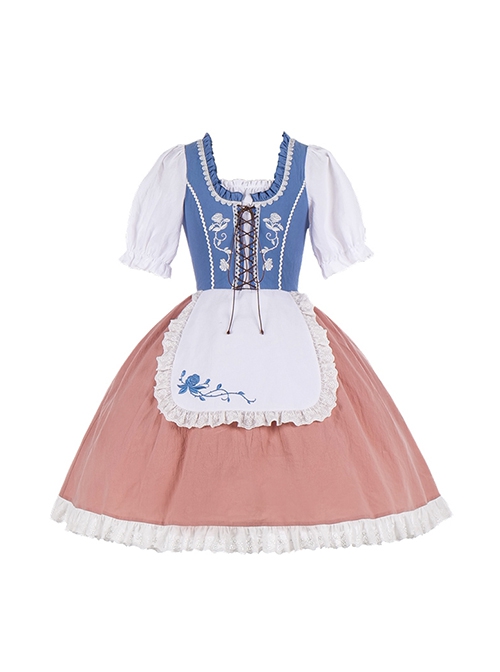 Rhine Pastoral Series Small Square Collar Blue And White Contrast Color White Rose Embroidery Stitching Lace Classic Lolita Short-Sleeved Dress