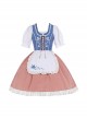 Rhine Pastoral Series Small Square Collar Blue And White Contrast Color White Rose Embroidery Stitching Lace Classic Lolita Short-Sleeved Dress