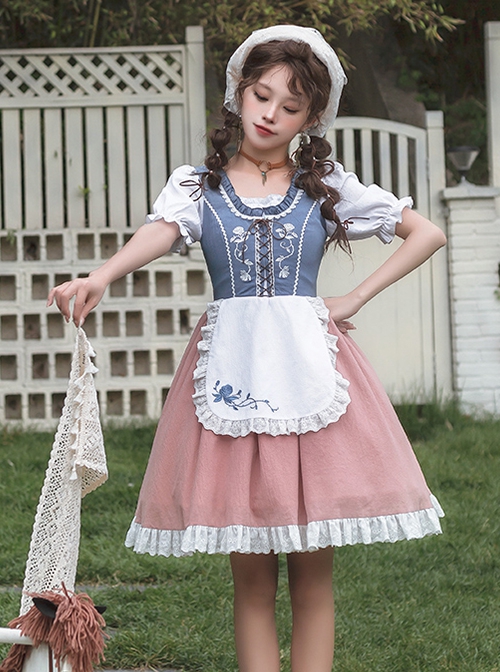 Rhine Pastoral Series Small Square Collar Blue And White Contrast Color White Rose Embroidery Stitching Lace Classic Lolita Short-Sleeved Dress