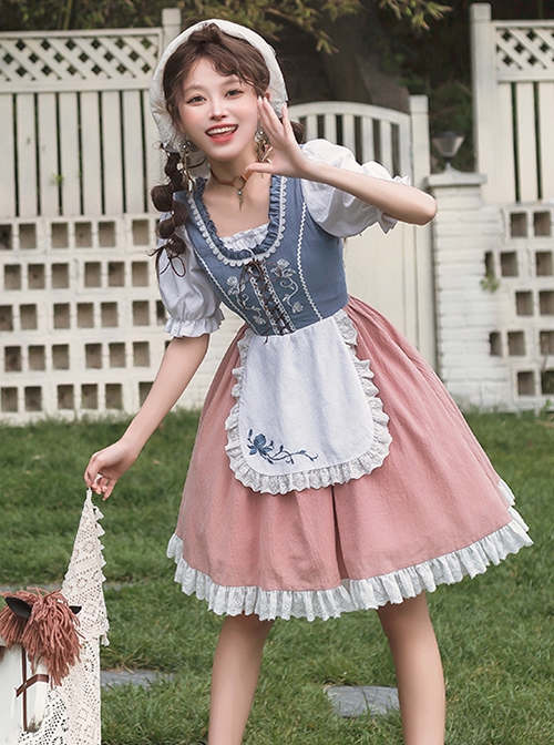 Rhine Pastoral Series Small Square Collar Blue And White Contrast Color White Rose Embroidery Stitching Lace Classic Lolita Short-Sleeved Dress