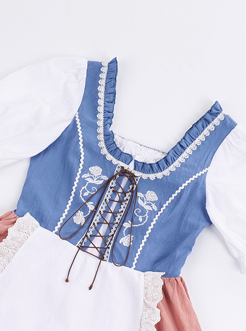 Rhine Pastoral Series Small Square Collar Blue And White Contrast Color White Rose Embroidery Stitching Lace Classic Lolita Short-Sleeved Dress