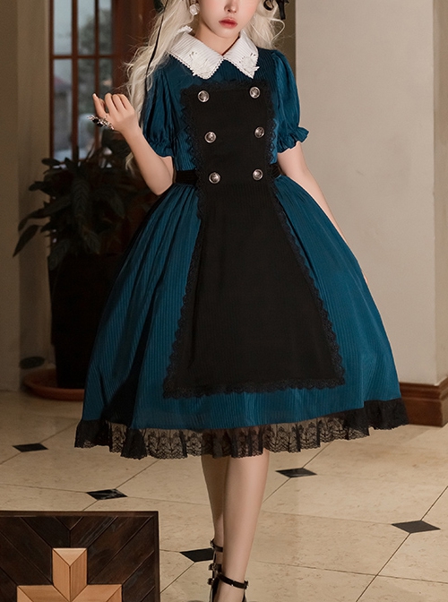 Peacock Blue White Rose Embroidery Vintage Buttons Black Lace Hemline Classic Lolita Dress