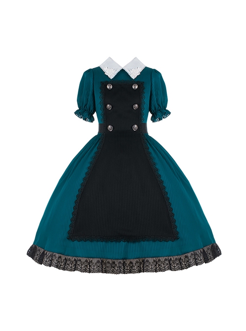 Peacock Blue White Rose Embroidery Vintage Buttons Black Lace Hemline Classic Lolita Dress