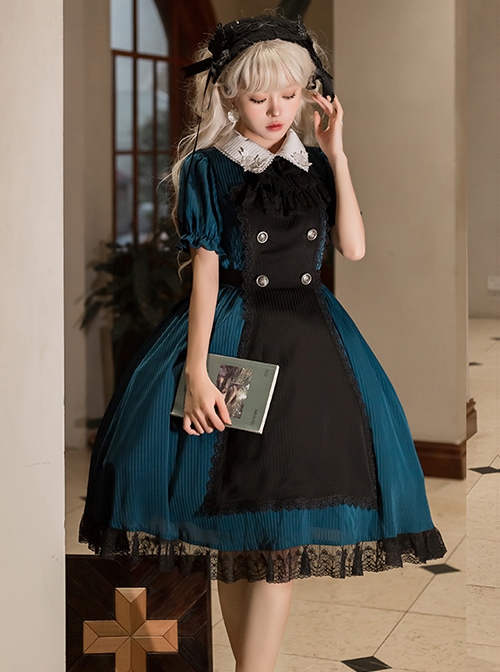 Peacock Blue White Rose Embroidery Vintage Buttons Black Lace Hemline Classic Lolita Dress