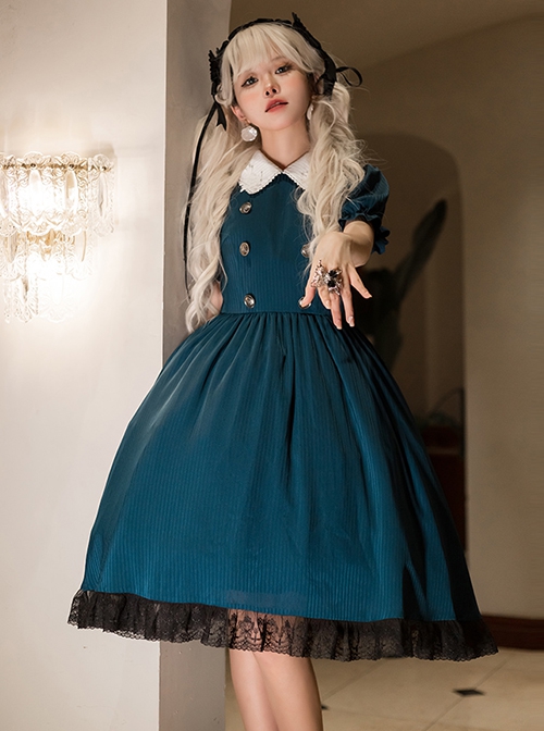 Peacock Blue White Rose Embroidery Vintage Buttons Black Lace Hemline Classic Lolita Dress