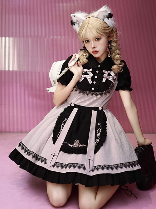 Black Pink Color Contrast Fake Two-Piece Bowknot Decorative Buckle Rose Embroidery Stitching Cross Lace Edge Sweet Lolita Dress