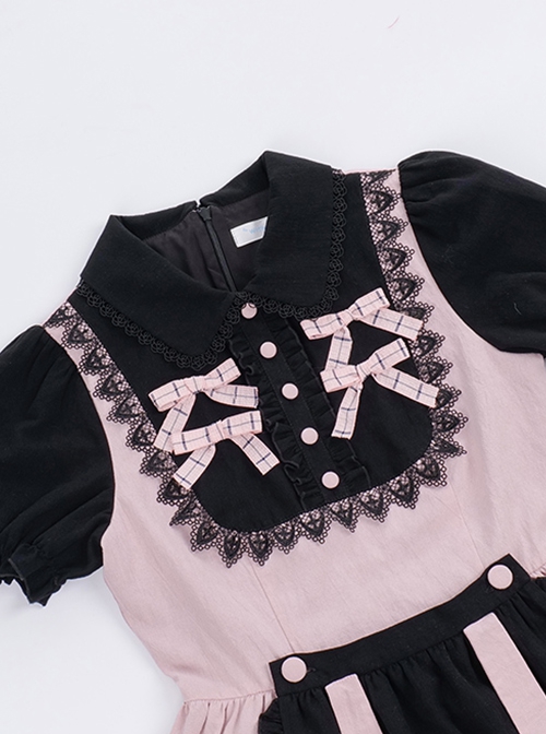 Black Pink Color Contrast Fake Two-Piece Bowknot Decorative Buckle Rose Embroidery Stitching Cross Lace Edge Sweet Lolita Dress