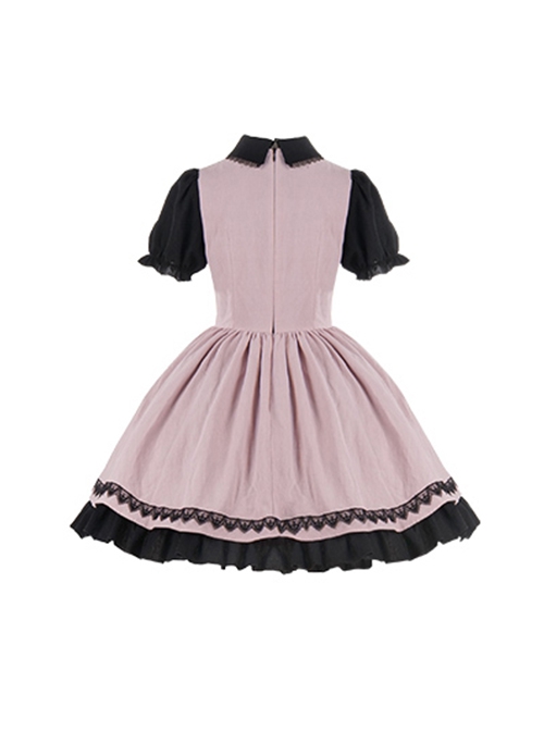 Black Pink Color Contrast Fake Two-Piece Bowknot Decorative Buckle Rose Embroidery Stitching Cross Lace Edge Sweet Lolita Dress