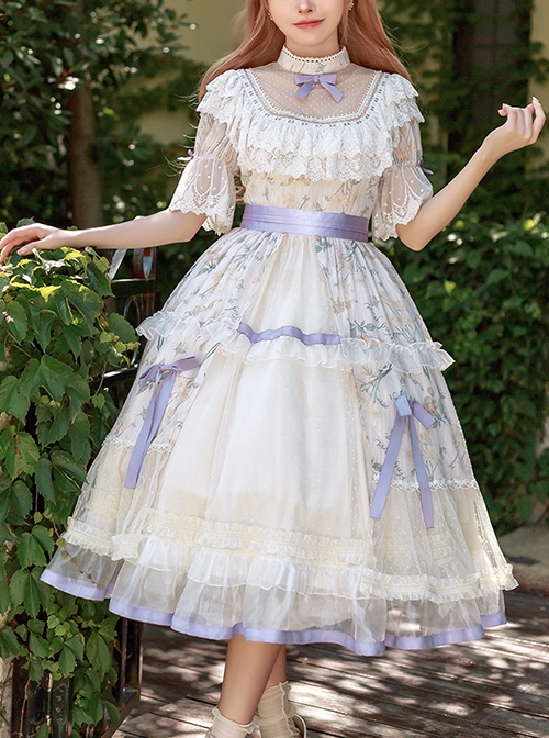 Edwardian Collar Bowknot Decoration Puff Sleeves Lace Ruffles Exquisite Printing Mosaic Crystal Yarn Classic Lolita Short-Sleeved Dress