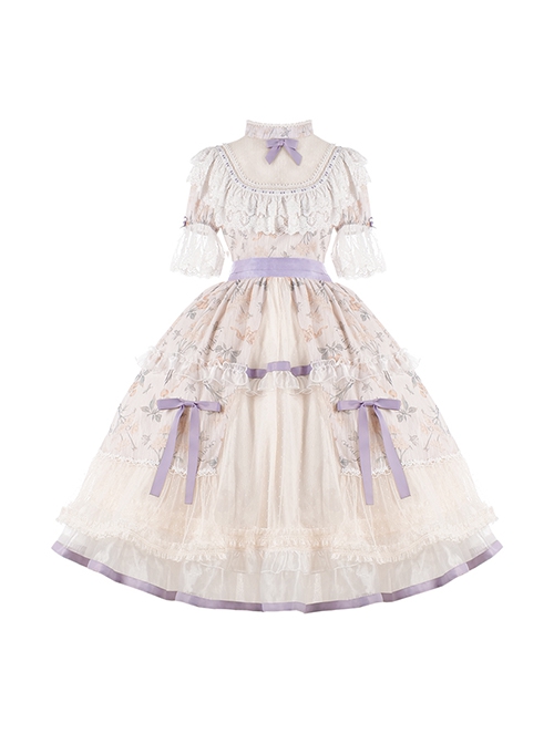 Edwardian Collar Bowknot Decoration Puff Sleeves Lace Ruffles Exquisite Printing Mosaic Crystal Yarn Classic Lolita Short-Sleeved Dress