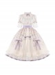 Edwardian Collar Bowknot Decoration Puff Sleeves Lace Ruffles Exquisite Printing Mosaic Crystal Yarn Classic Lolita Short-Sleeved Dress