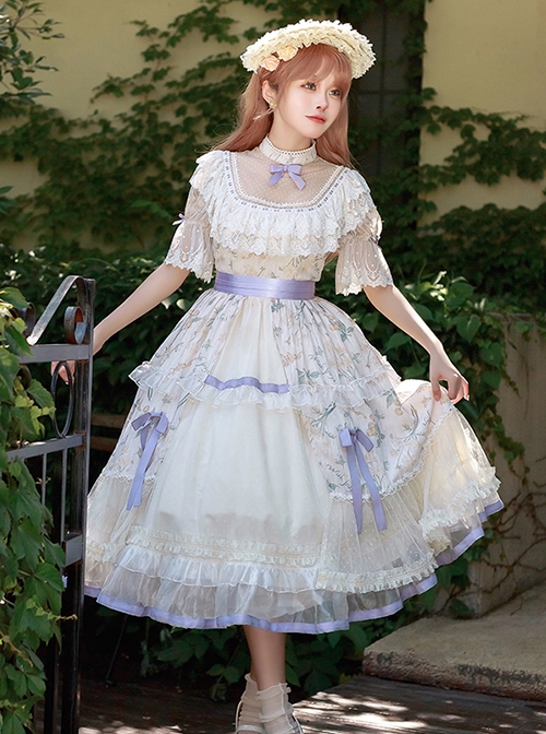 Edwardian Collar Bowknot Decoration Puff Sleeves Lace Ruffles Exquisite Printing Mosaic Crystal Yarn Classic Lolita Short-Sleeved Dress