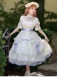 Edwardian Collar Bowknot Decoration Puff Sleeves Lace Ruffles Exquisite Printing Mosaic Crystal Yarn Classic Lolita Short-Sleeved Dress