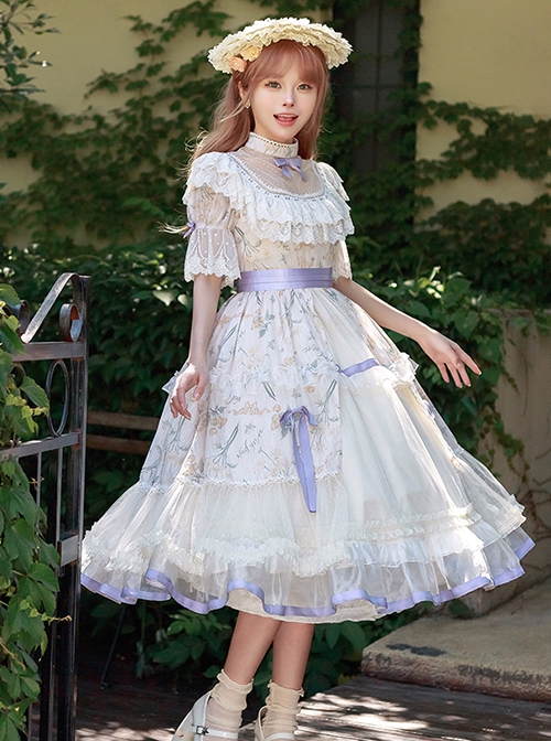 Edwardian Collar Bowknot Decoration Puff Sleeves Lace Ruffles Exquisite Printing Mosaic Crystal Yarn Classic Lolita Short-Sleeved Dress