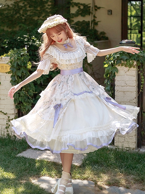 Edwardian Collar Bowknot Decoration Puff Sleeves Lace Ruffles Exquisite Printing Mosaic Crystal Yarn Classic Lolita Short-Sleeved Dress