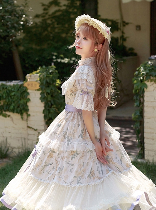 Edwardian Collar Bowknot Decoration Puff Sleeves Lace Ruffles Exquisite Printing Mosaic Crystal Yarn Classic Lolita Short-Sleeved Dress